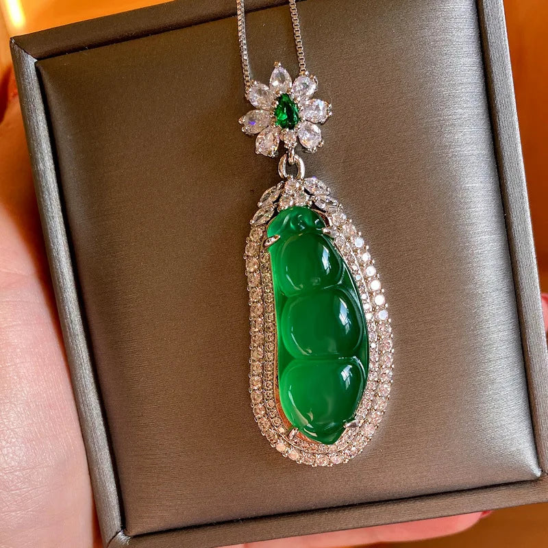 Emerald Green CZ Charm Chain Necklace Silver Pendant