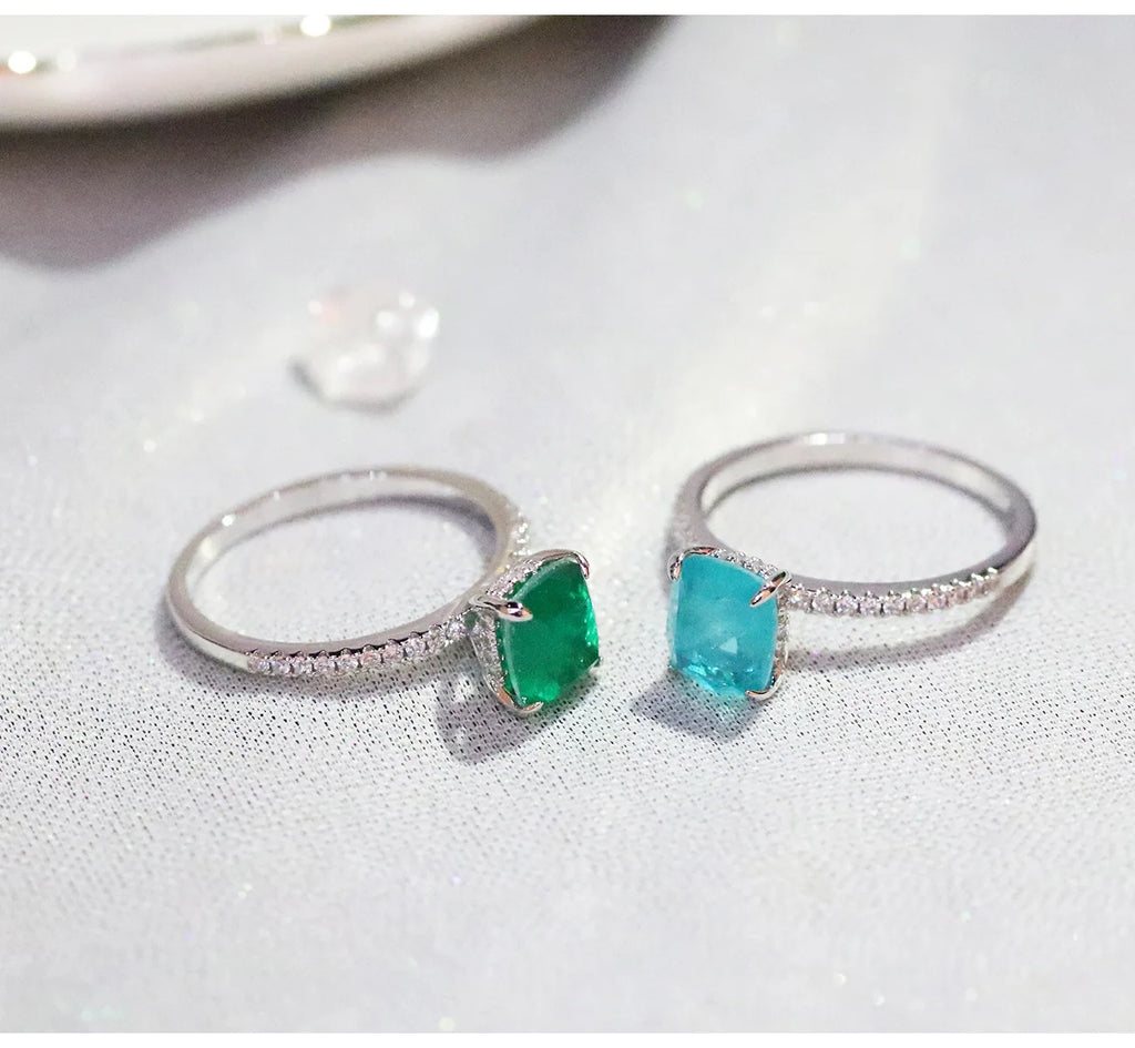 Charms Wedding Rings For Women Paraiba Lab Emerald Tourmaline Stone Party Silver