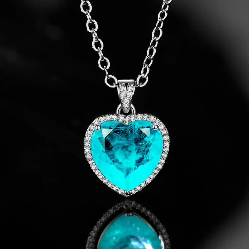 Classic Paraiba Tourmaline Stone Chain Heart Necklace Silver
