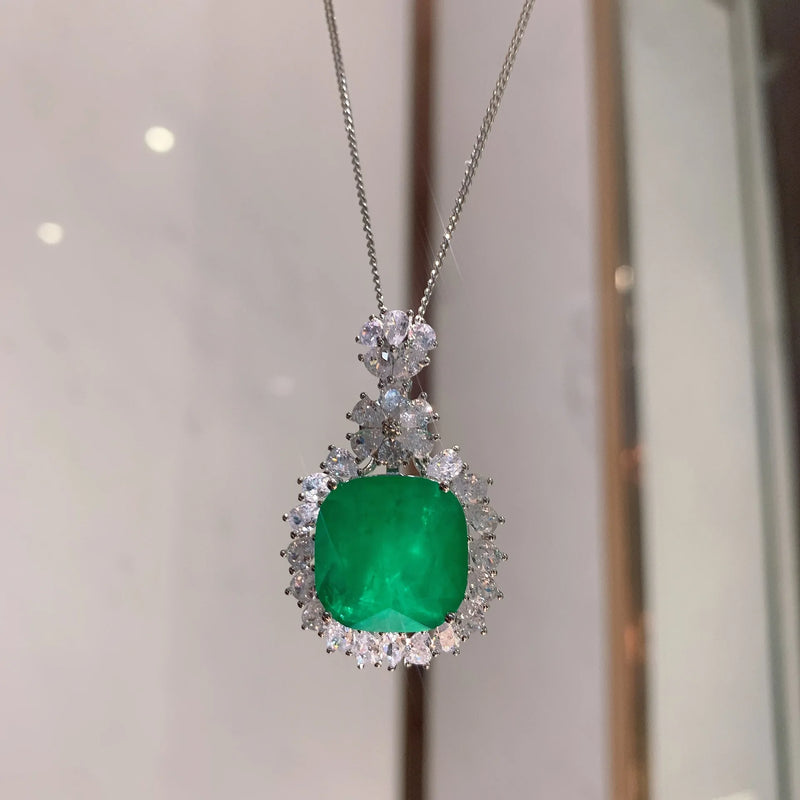 Square Paraiba Lab Emerald Tourmaline Chain Necklace for Women