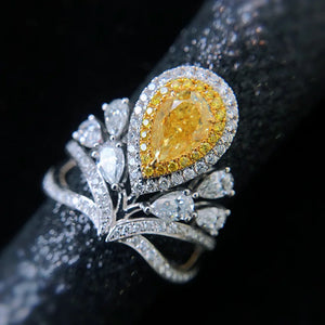 Yellow Lab Diamond Water Drop Ring Adjustable Size