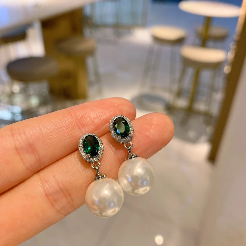 Round Pearl Dangle Earrings CZ Wedding Jewelry Silver Accessories