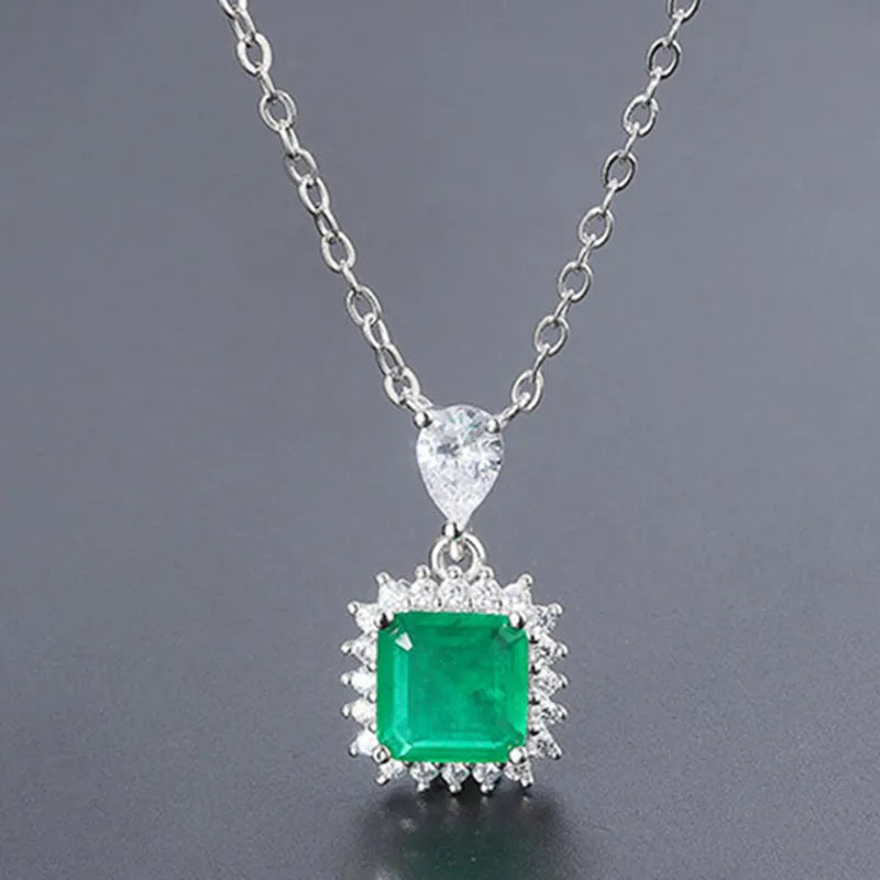 Vintage Silver Square Stone Pendant Lab Emerald Necklace for Women