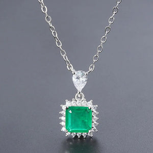 Vintage Silver Square Stone Pendant Lab Emerald Necklace for Women