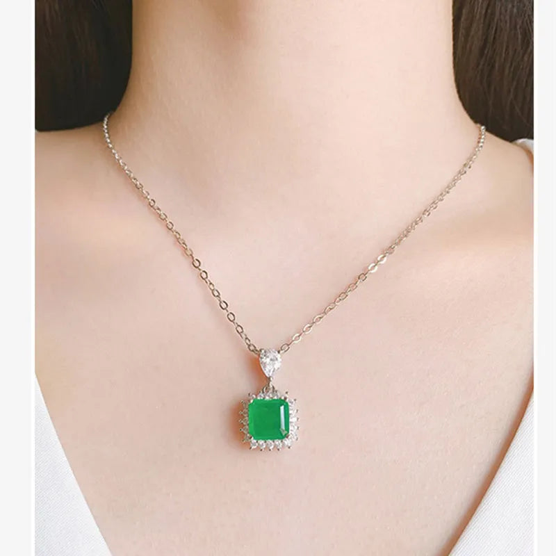 Vintage Silver Square Stone Pendant Lab Emerald Necklace for Women