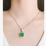 Vintage Silver Square Stone Pendant Lab Emerald Necklace for Women