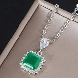 Vintage Silver Square Stone Pendant Lab Emerald Necklace for Women
