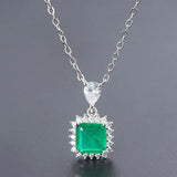 Vintage Silver Square Stone Pendant Lab Emerald Necklace for Women