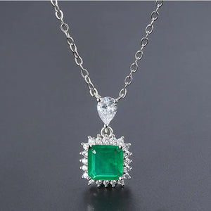 Vintage Silver Square Stone Pendant Lab Emerald Necklace for Women