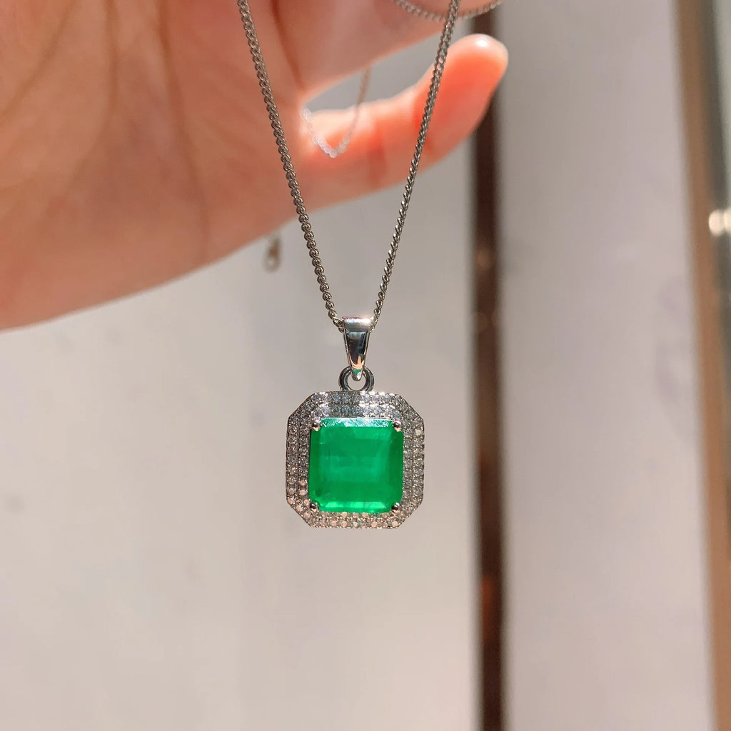 Vintage Silver Jewelry Square Stone Pendant Necklace - Lab Emerald