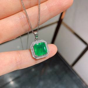 Vintage Silver Jewelry Square Stone Pendant Necklace - Lab Emerald
