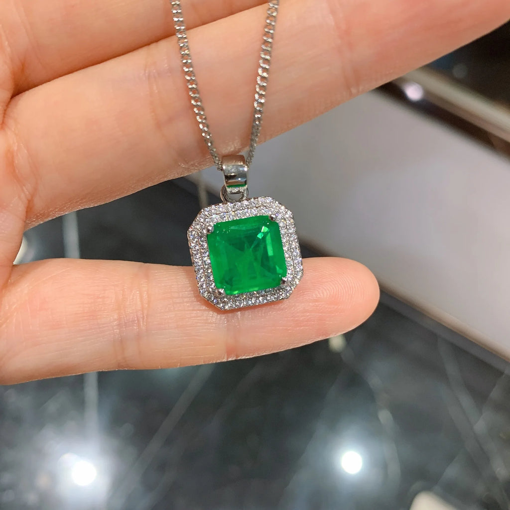 Vintage Silver Jewelry Square Stone Pendant Necklace - Lab Emerald