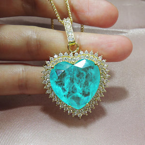 Big Heart Love Women Chain Necklace with Paraiba Tourmaline Stone Silver Jewelry