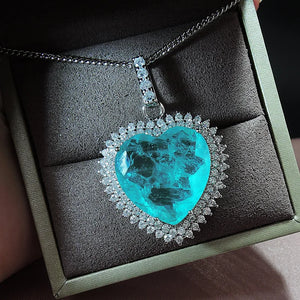 Big Heart Love Women Chain Necklace with Paraiba Tourmaline Stone Silver Jewelry