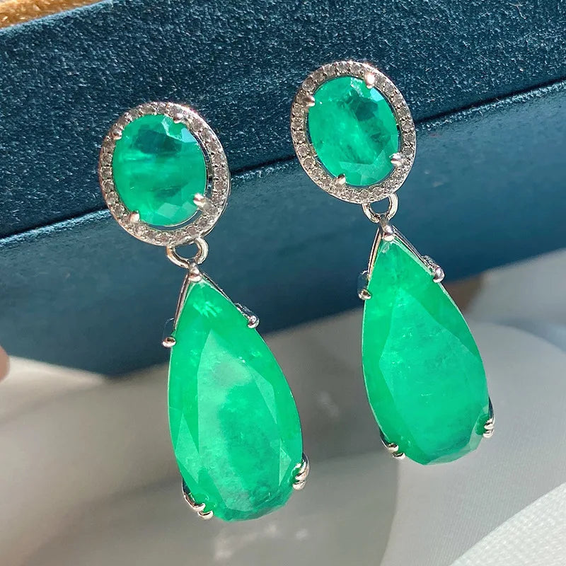 Water Drop Dangle Earrings Paraiba Lab Emerald Tourmaline Silver Jewelry