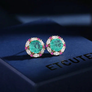 Small Round Paraiba Tourmaline Stud Earrings 925 Wedding Party Jewelry