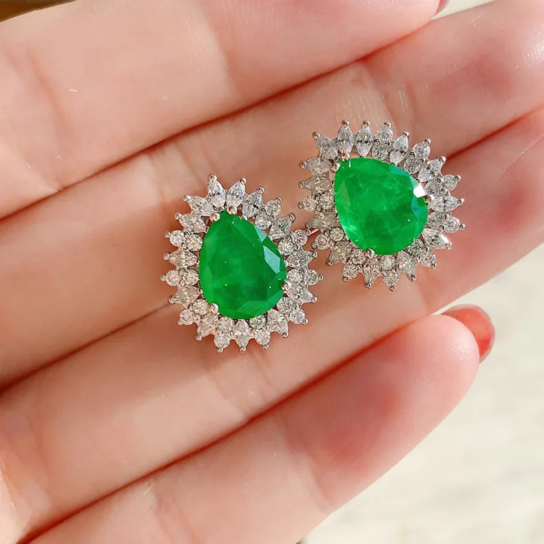 Water Drop Paraiba Tourmaline Emerald Stud Earrings 925 Silver Ear Studs