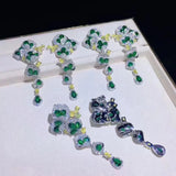 Silver Long Dangle Earrings Green Crystal Wedding Jewelry