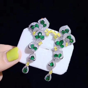 Silver Long Dangle Earrings Green Crystal Wedding Jewelry