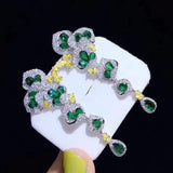 Silver Long Dangle Earrings Green Crystal Wedding Jewelry