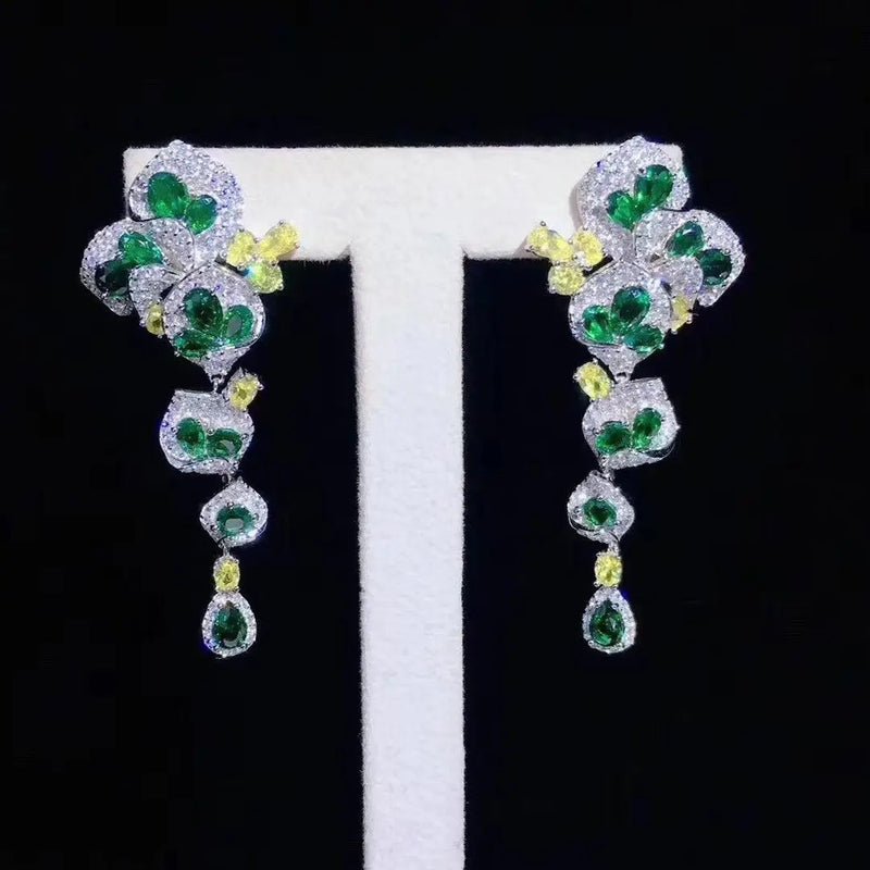 Silver Long Dangle Earrings Green Crystal Wedding Jewelry