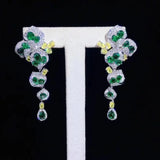 Silver Long Dangle Earrings Green Crystal Wedding Jewelry