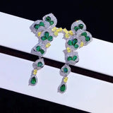 Silver Long Dangle Earrings Green Crystal Wedding Jewelry