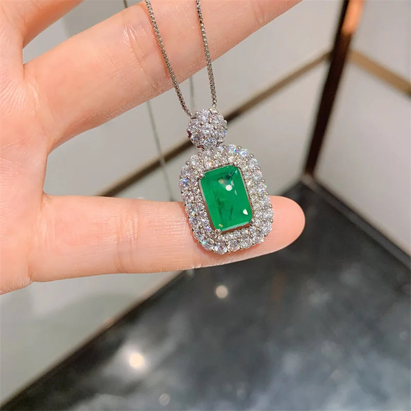 Silver Chain Necklace with Lab Emerald Tourmaline Pendant