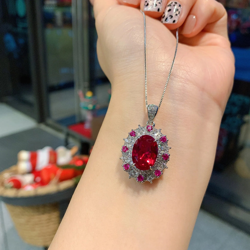 Elegant Silver Oval Necklace Red Pendant Wedding Jewelry Set