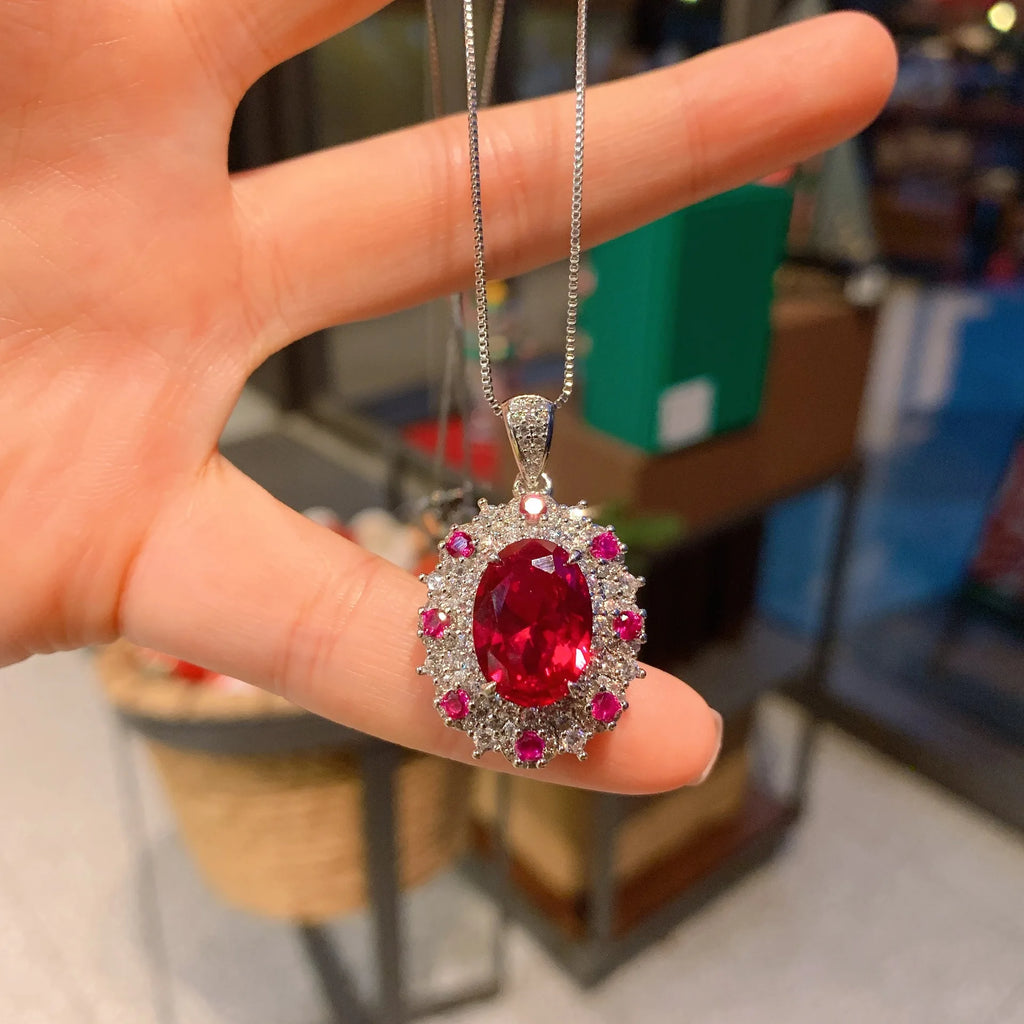 Elegant Silver Oval Necklace Red Pendant Wedding Jewelry Set