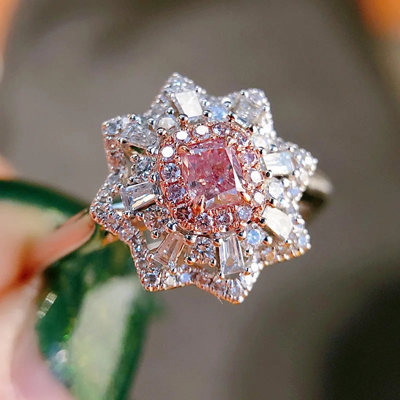 Silver Flower Pink Zircon Wedding Ring Eternity Jewelry Zirconia