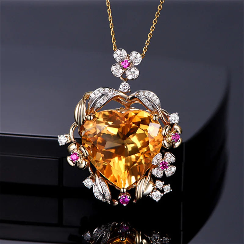 Heart Love Pendant Necklace Purple Yellow CZ Wedding Jewelry