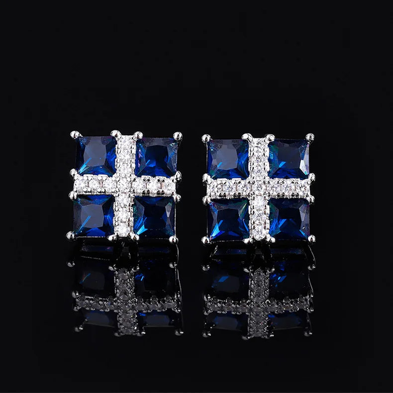 925 Silver Geometric Stud Earrings Bling Sapphire Vintage Ear Jewelry