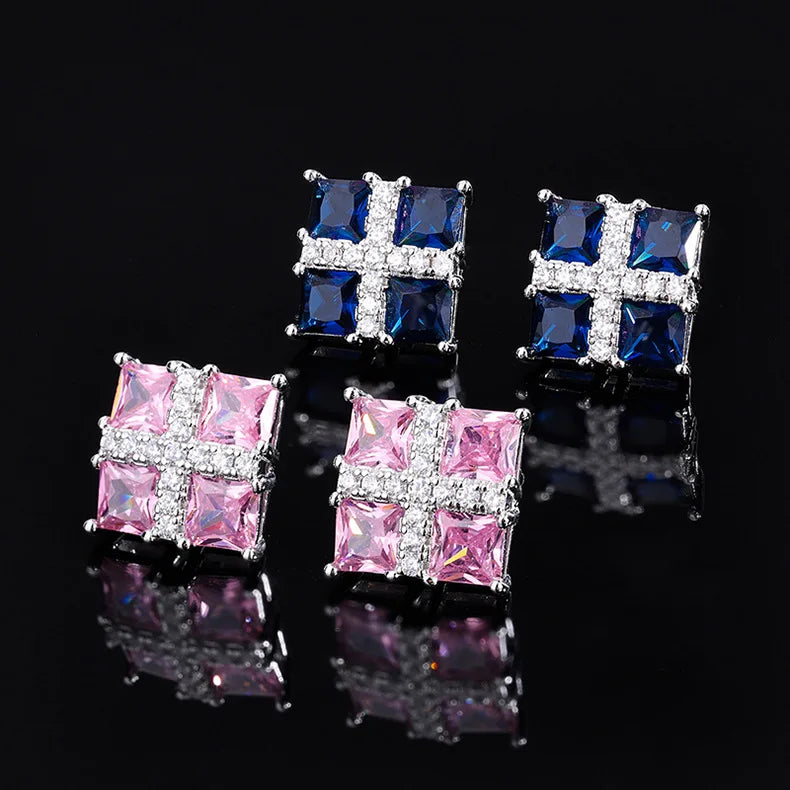 925 Silver Geometric Stud Earrings Bling Sapphire Vintage Ear Jewelry