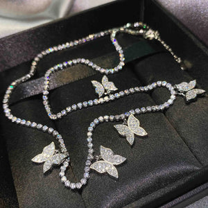 Silver Chain Necklace Zircon Butterfly Pendant Choker Neck Women Long Necklace