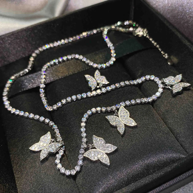 Silver Chain Necklace Zircon Butterfly Pendant Choker Neck Women Long Necklace