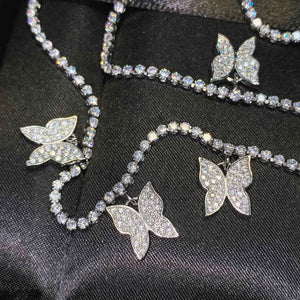 Silver Chain Necklace Zircon Butterfly Pendant Choker Neck Women Long Necklace