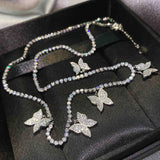 Silver Chain Necklace Zircon Butterfly Pendant Choker Neck Women Long Necklace
