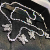Silver Chain Necklace Zircon Butterfly Pendant Choker Neck Women Long Necklace