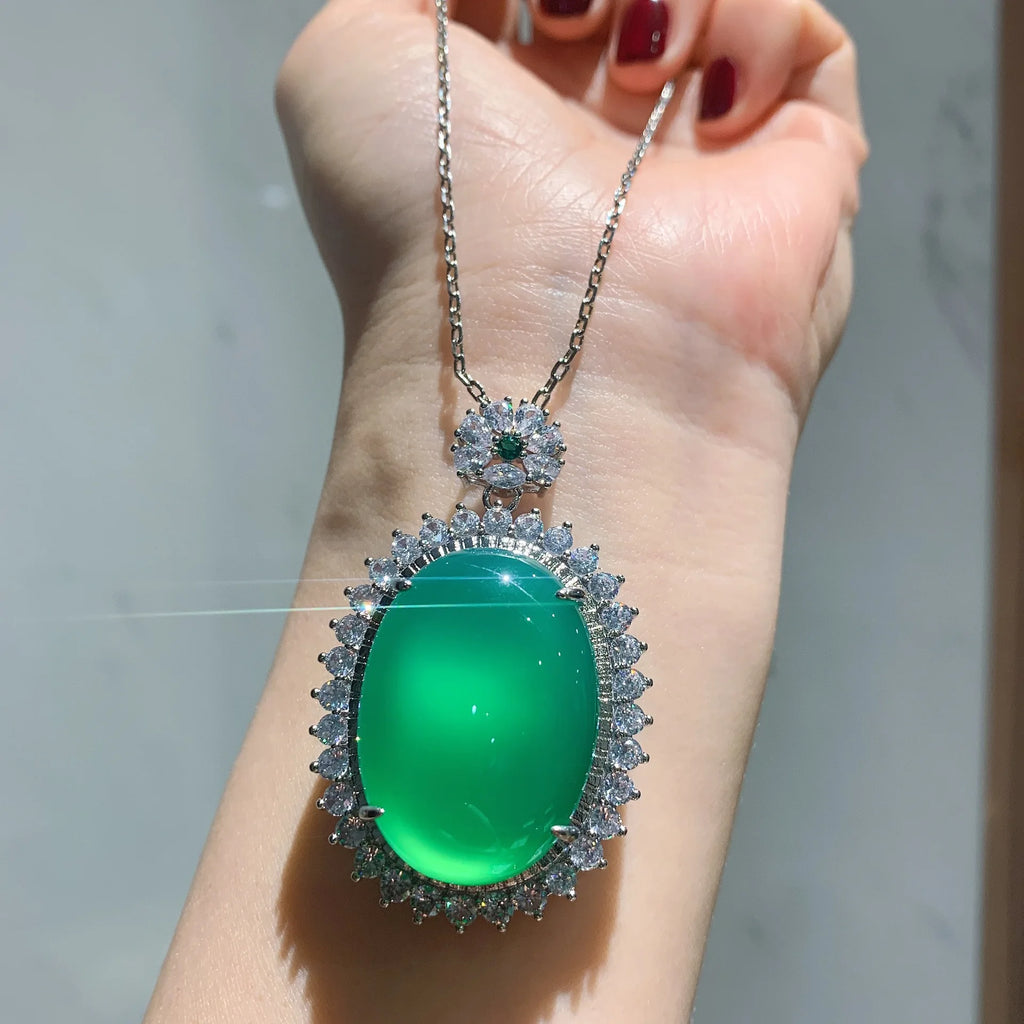 Silver Pendant Necklace Lab Emerald Tourmaline Stone Chain Necklace For Women