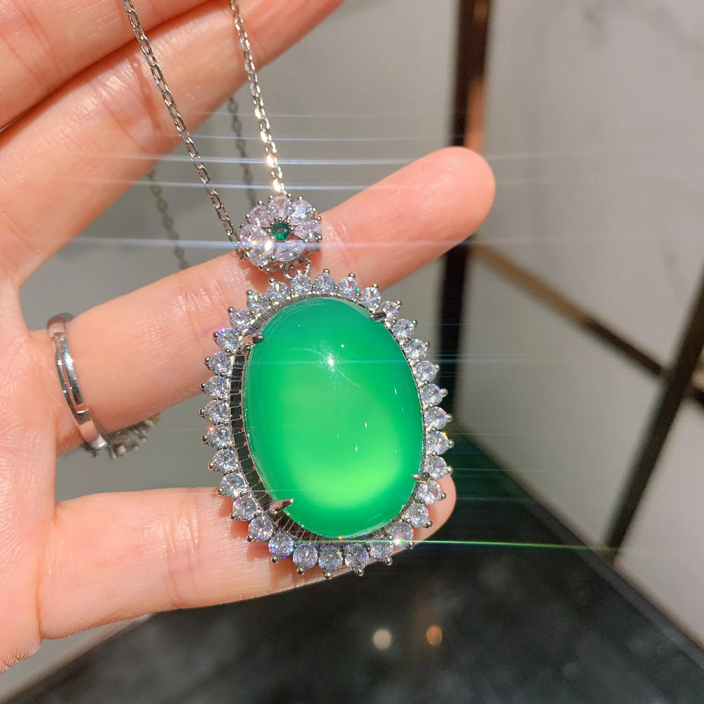Silver Pendant Necklace Lab Emerald Tourmaline Stone Chain Necklace For Women