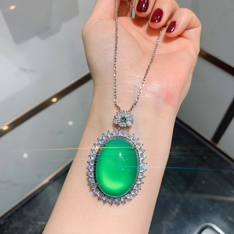 Silver Pendant Necklace Lab Emerald Tourmaline Stone Chain Necklace For Women