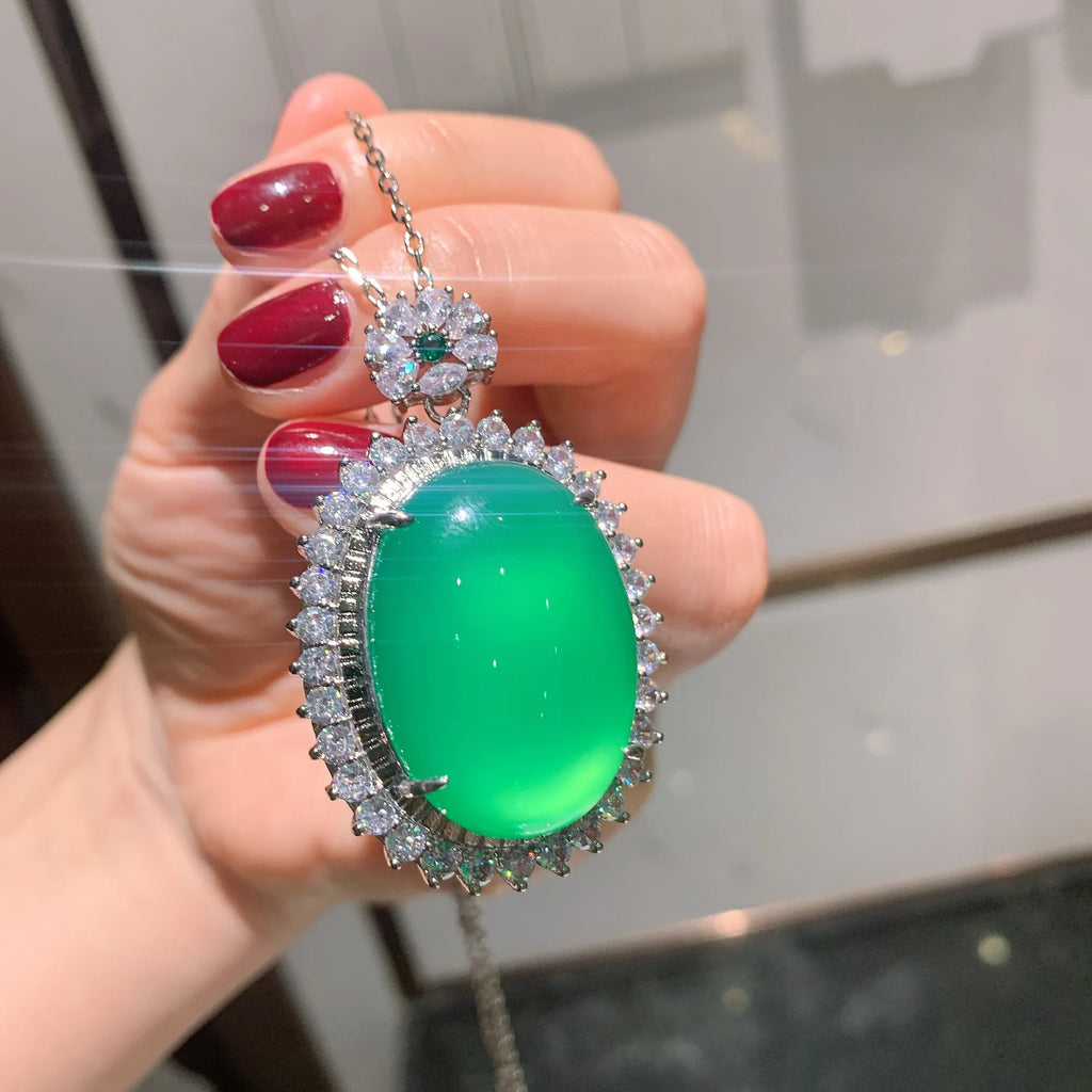 Silver Pendant Necklace Lab Emerald Tourmaline Stone Chain Necklace For Women