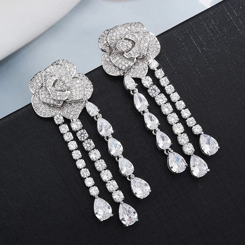 Dangle Earrings Flower Water Drop CZ Silver Earrings For women Wedding Jewelry
