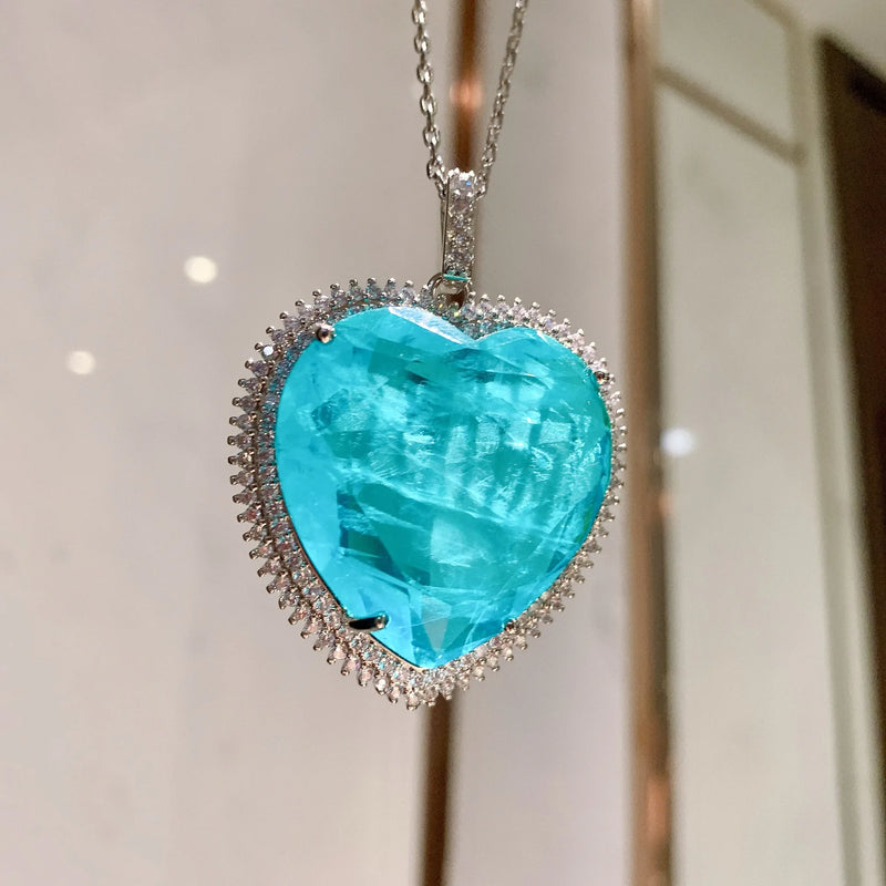 Heart-Shaped Paraiba Tourmaline Pendant Necklace Silver Wedding Jewelry