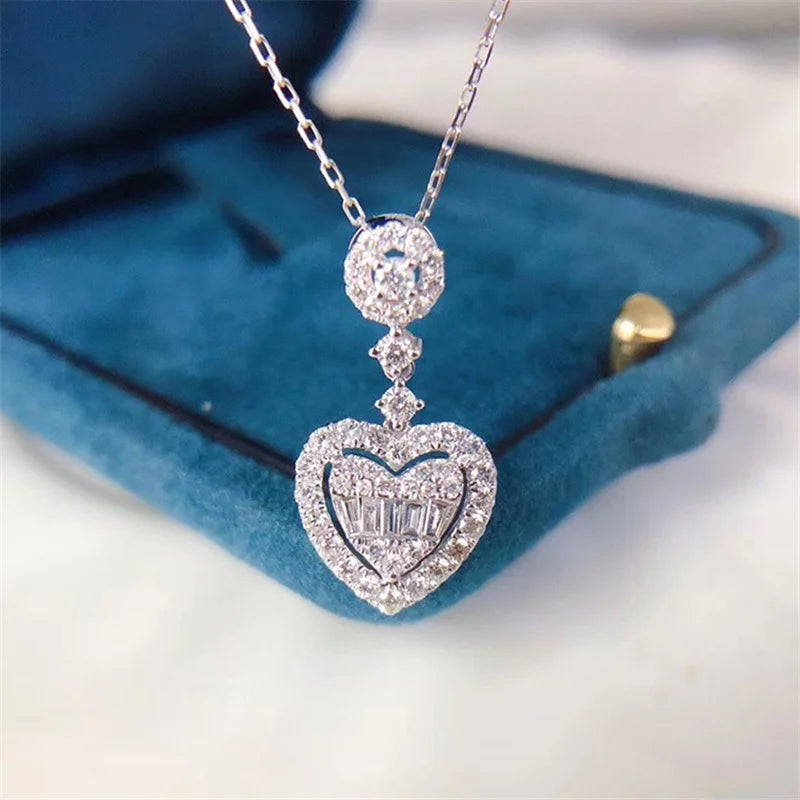 Love Heart Stone Pendant Necklace Silver Chain Crystal Necklace