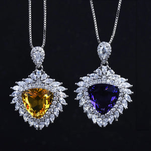 Hot Yellow Zircon Necklaces Triangle Pendant Women Silver Gift