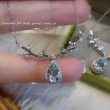 Elk Female Necklace Water Drop Sea CZ Crystal Pendant Chain Silver Choker