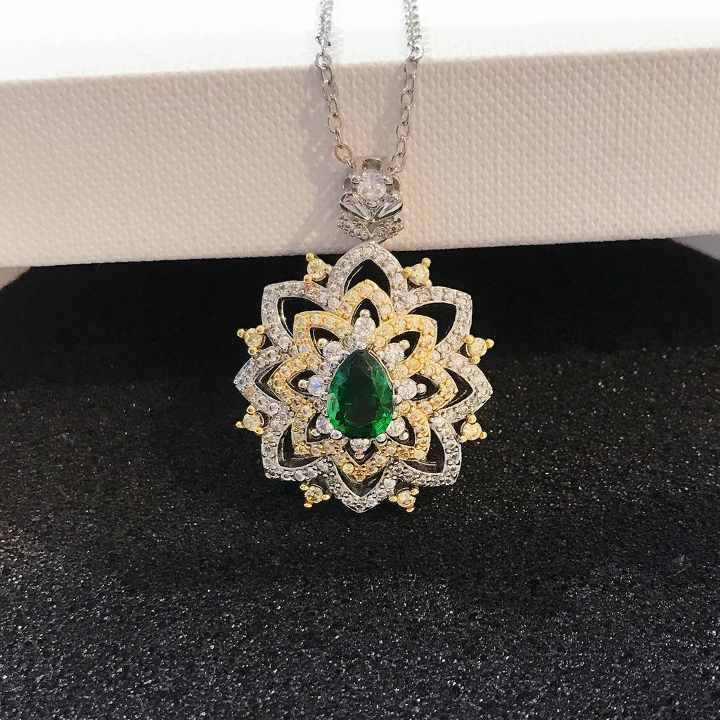 Green Crystal Stone Pendant Necklace Silver Chains Wedding Jewelry