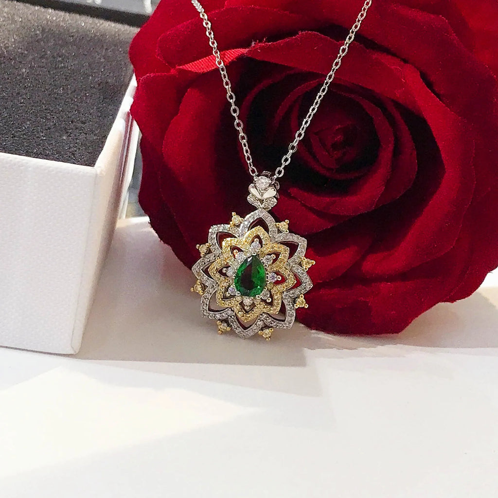 Green Crystal Stone Pendant Necklace Silver Chains Wedding Jewelry